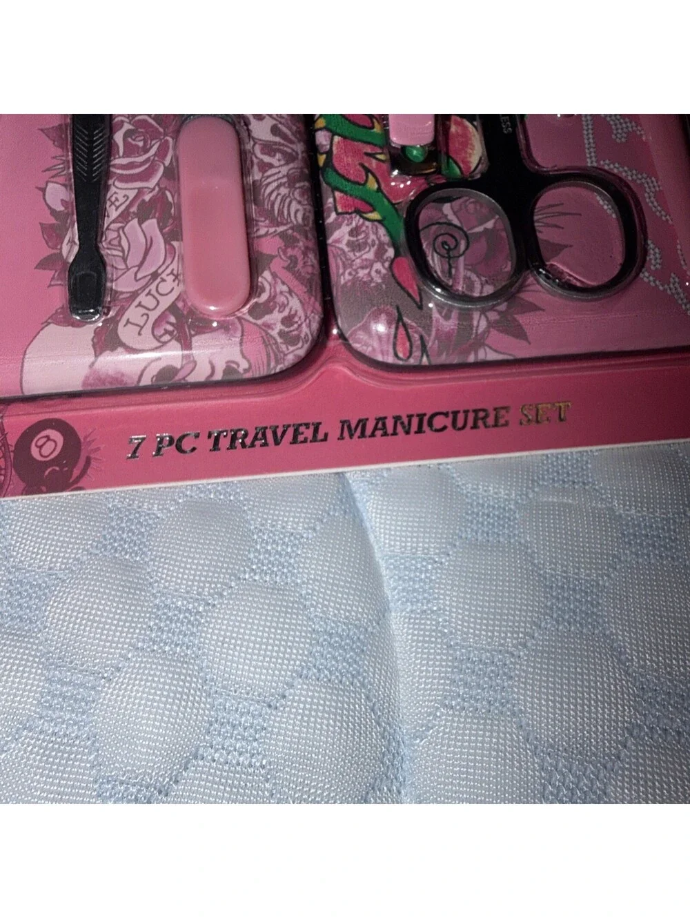 Ed Hardy 7 Pc Manicure Set Pink Nail Clippers Scissors File Travel Kit New